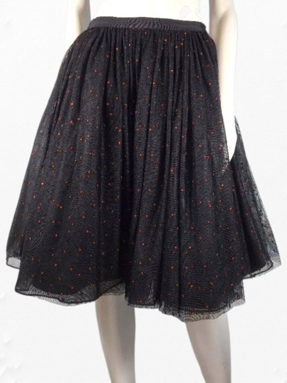 Alice + Olivia "Camille" Black & Red Glitter Tulle Midi Skirt US8 Party Holidays